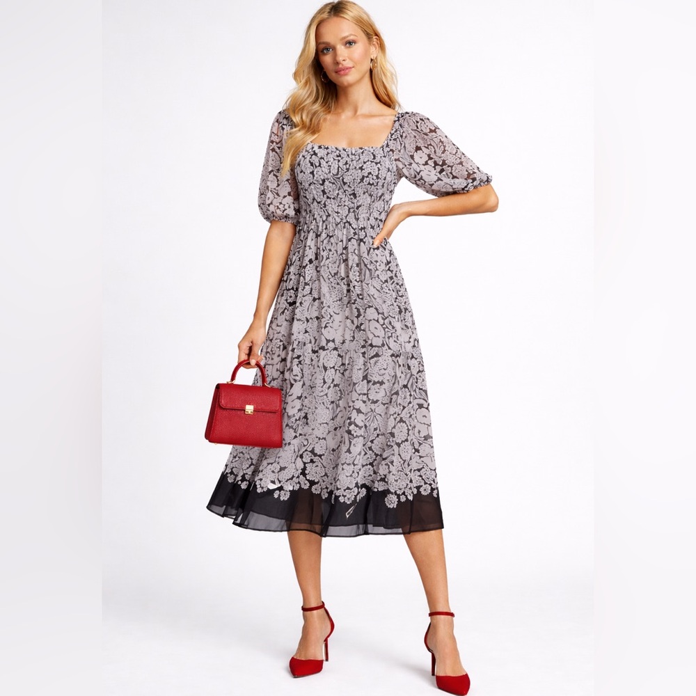 Anthropologie‎ Black & Cream Floral Midi Dress | Romantic Cottagecore
